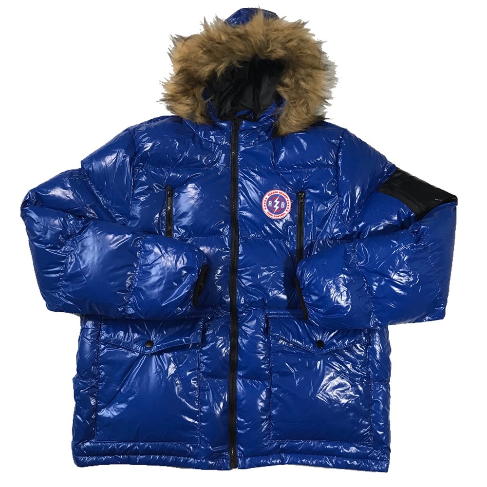 Mens REASON BRAND Royal Blue Shiny Puffer Jacket with Faux Fur Trim Size 3XL
